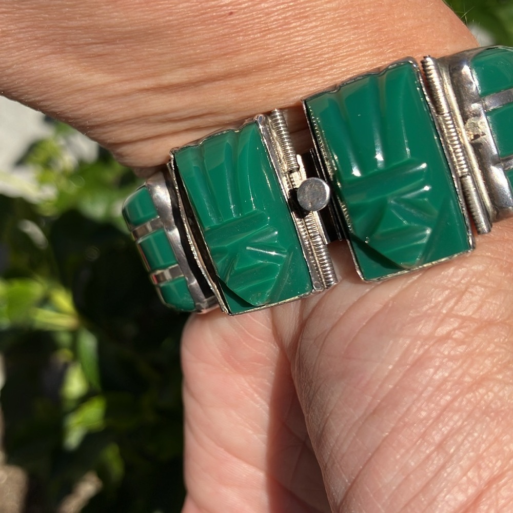 Huge Vintage Taxco Mexico Silver and Green Mask Panel Bracelet - Picture 2 of 12